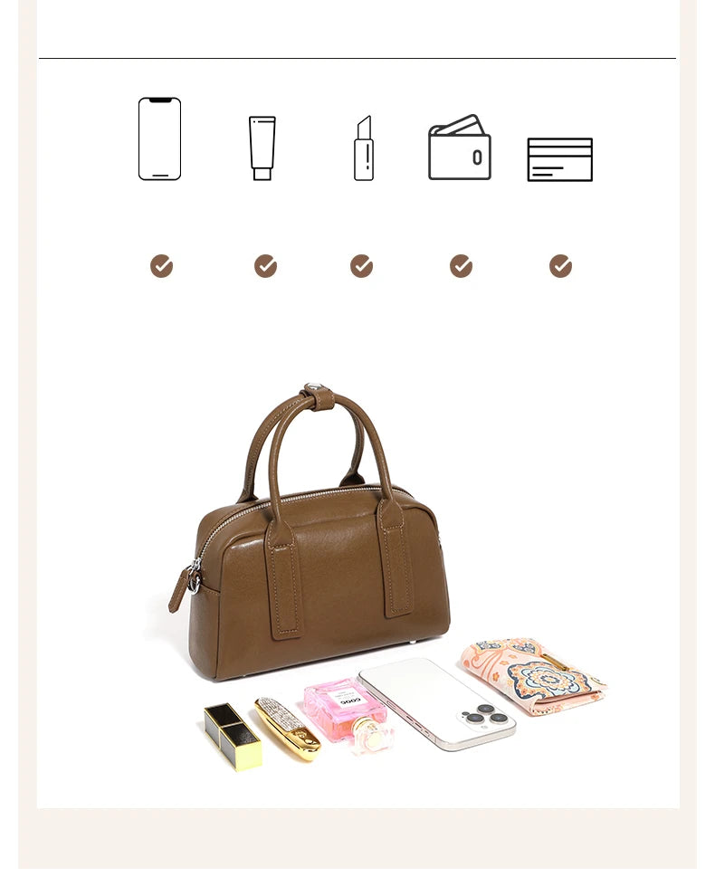 Hifashion Vintage Boston Cow Genuine Leather Handbags For Women 2025 Trend Designer Bowling Work Ladies Shoulder Crossbody Bags