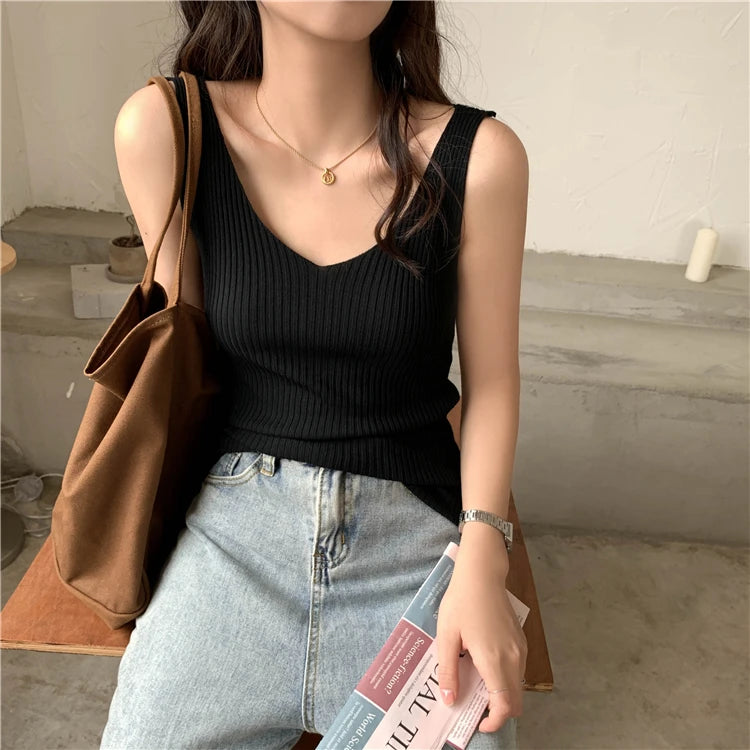 Solid Color Basic Women's Vest Tank Top Solid Color Knitted Tees Top Cropped Top Camisole Sweater V-neck Summer Sleeveless