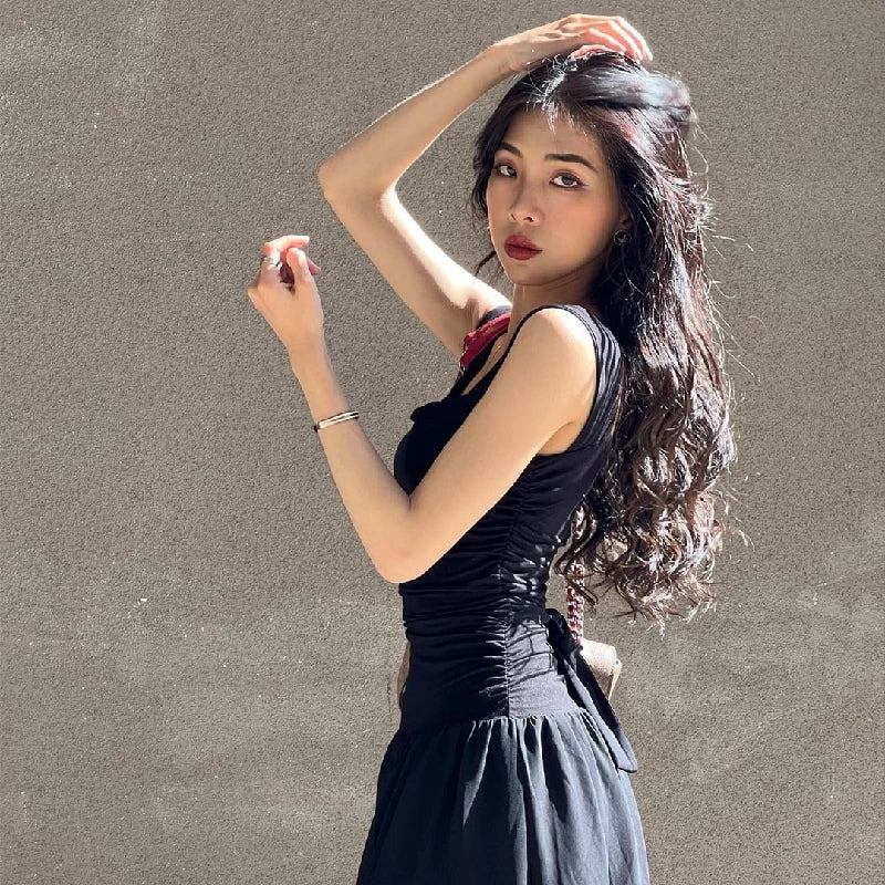 WhereMery Elegant Slip Long Dresses Sexy Women Ruched Bodycon Solid Maxi Dress Spring Y2K Summer Temperament High-waist Vestidos