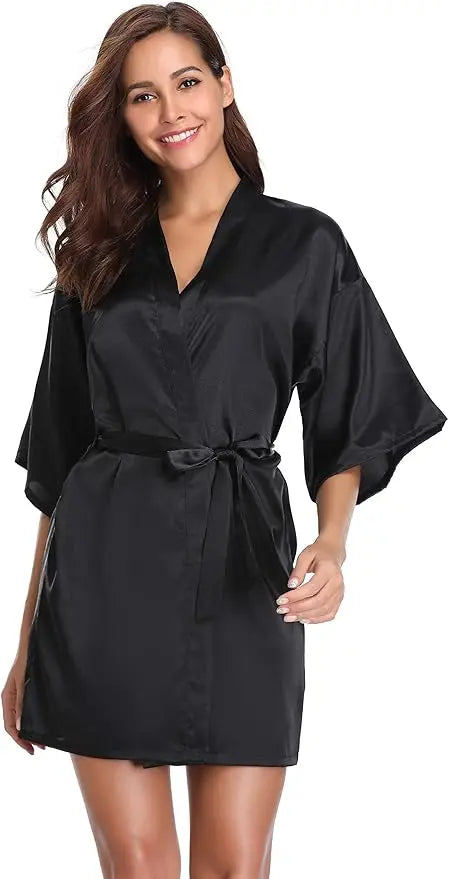 Womens Kimono Robes Dressing Gown Satin Bathrobe Nightdress Short Style Bridal Robe As the photo show 6