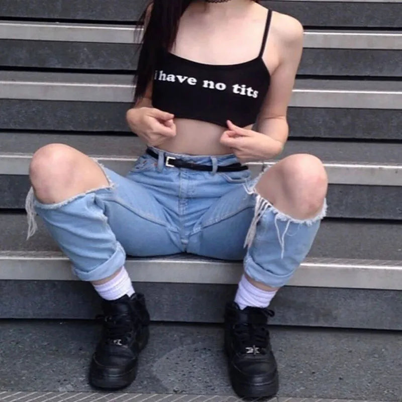Hot Girls Clothes I Have No Tits Funny Letters Crop Top for Women Seamless Sleeveless White Tank Tops Camis Backless Camisole