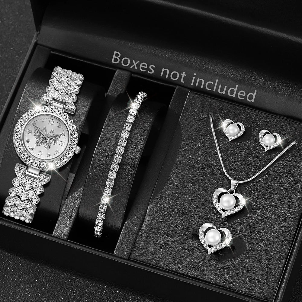 6PCS Luxury Women's Watch Set Trendy Fashion Quartz Watch Bracelet Necklace Earrings Set Suitable for Daily Clothing Matching Silver