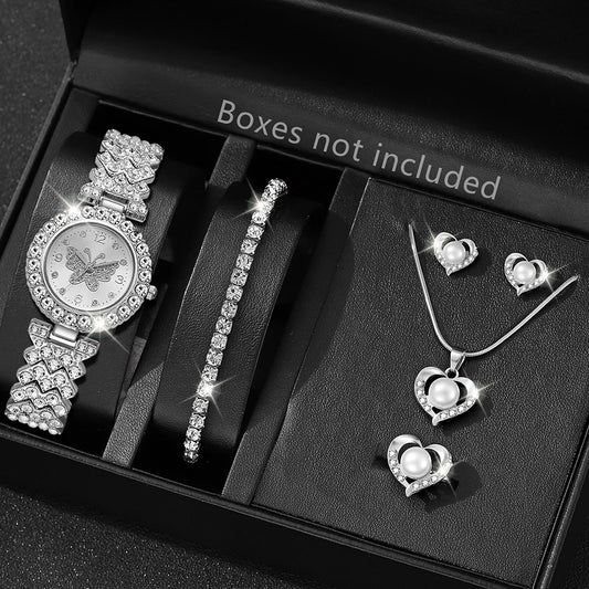 6PCS Luxury Women's Watch Set Trendy Fashion Quartz Watch Bracelet Necklace Earrings Set Suitable for Daily Clothing Matching Silver