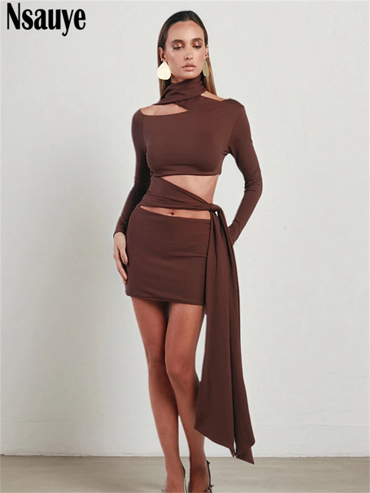 Nsauye Women New Fashion Halter Long Sleeve Mini Hollow Out Irregular Dress Outfits Elegant Sexy Night Club Lace Up Party Dress Brown