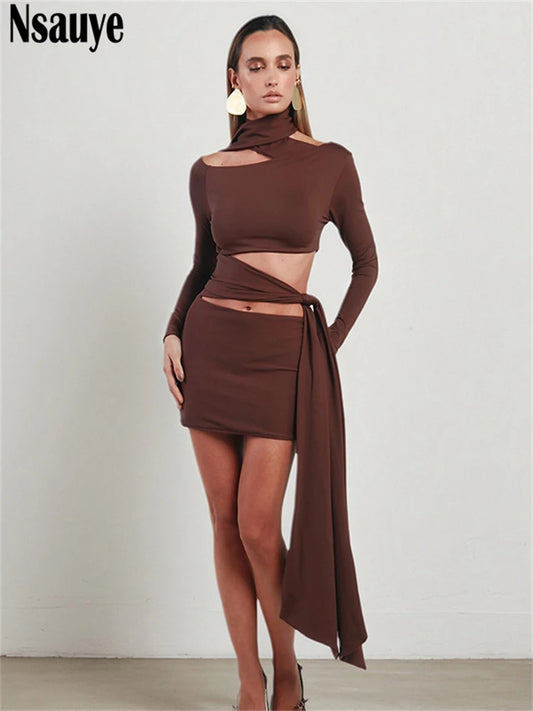 Nsauye Women New Fashion Halter Long Sleeve Mini Hollow Out Irregular Dress Outfits Elegant Sexy Night Club Lace Up Party Dress Brown