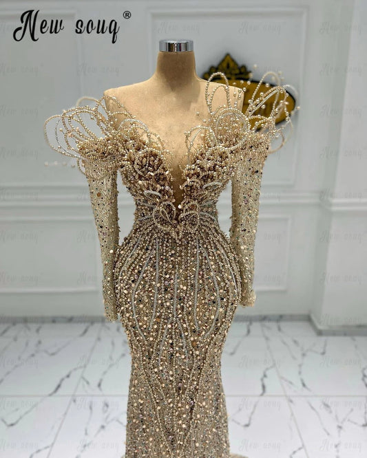 Gold Wedding Party Gown Embroidery Long Mermaid Prom Dress Customized Off Shoulder Sequins Second Reception Dresses Engagement Badiee Stylez