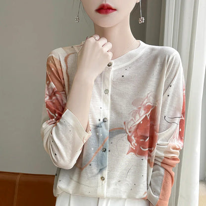 Spring And Summer New Lyocell Water-Soluble Wool Blended Round Neck Knit Cardigan Long Sleeve Feminine Sweater Printed Top 3 CHINA