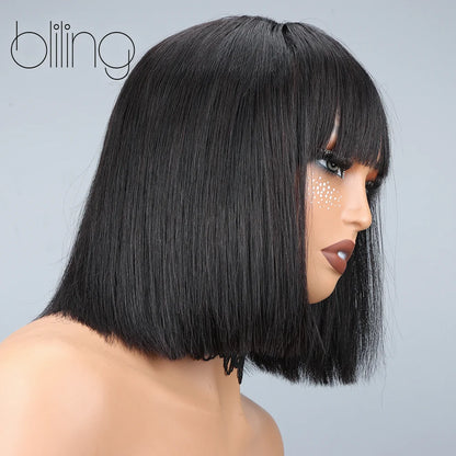 200% Human Hair Wig With Bang Natural Glueless Straight Layered Bob Hairstyle 1X13 Transparent Lace Black for Women 10 Inch Badiee Stylez