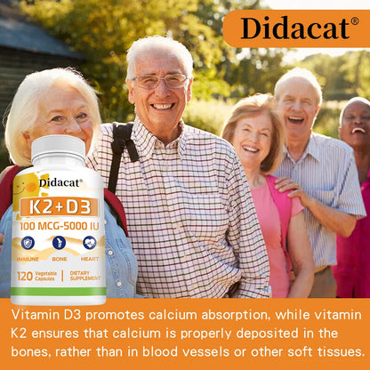 Vitamin K2 + D3 100mcg-5000IU Capsules - Dietary Supplement for Immune, Bone, Heart, Dental, and Cardiovascular Support