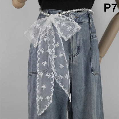 High-Quality Retro Silk Scarf Featuring Lace; Versatile Long Streamer Headband P7