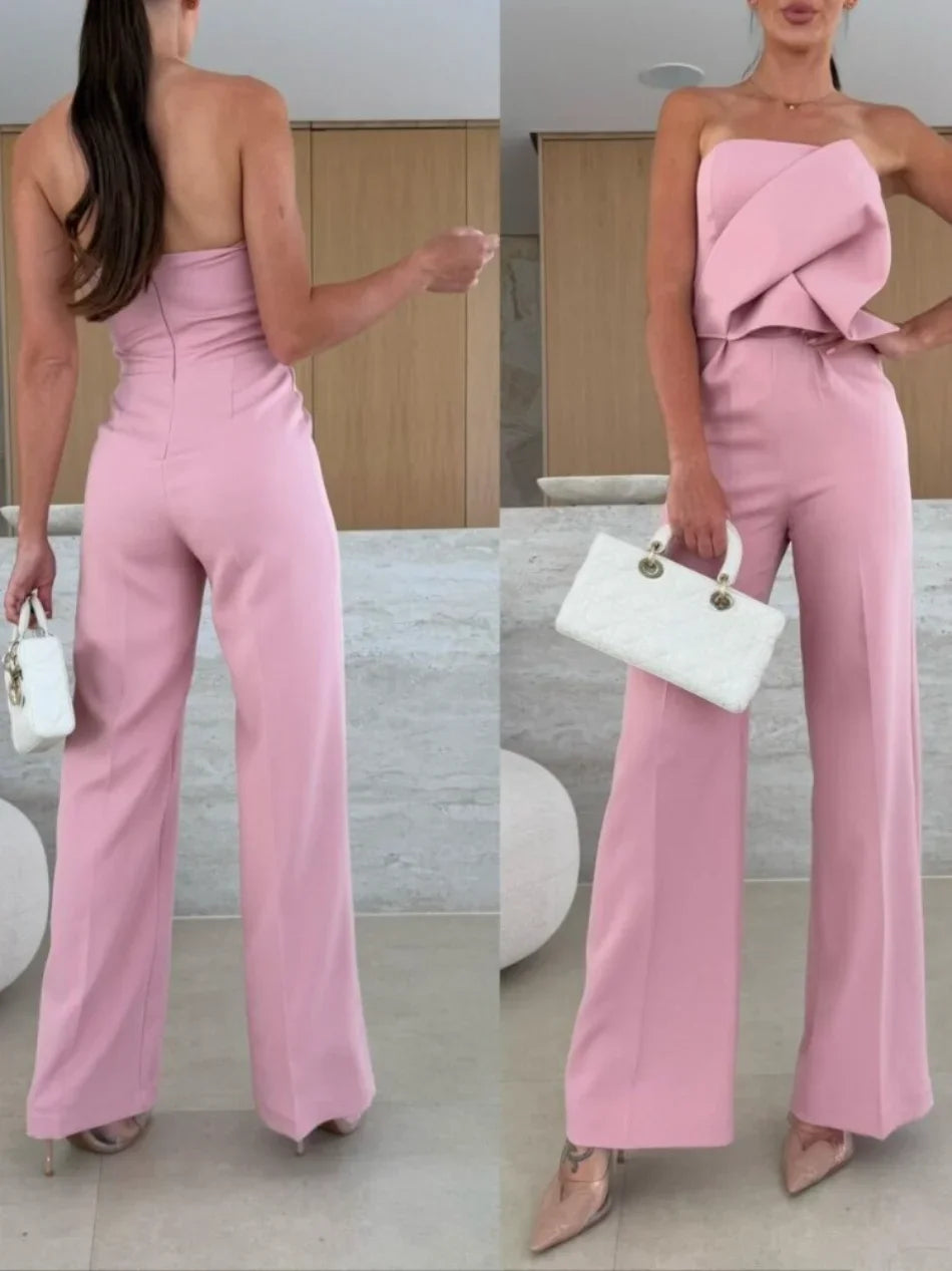 Women's Jumpsuits 2025 New in Summer Fashion Casual Office Lady Solid Color Tight Low Back High-waisted Wide-leg Jumpsuit Badiee Stylez