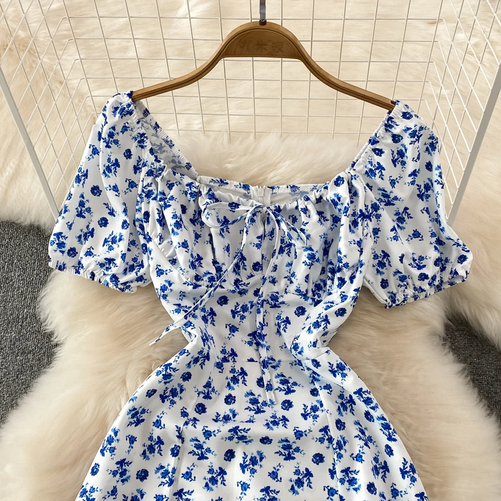 Summer Vintage Dress Blue Floral Summer Bubble Sleeve Tie Up Sexy Dresses Women A-line Print Split Long Dress Elegant Vestidos