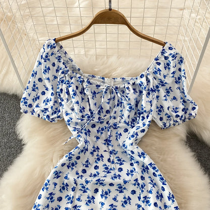 Summer Vintage Dress Blue Floral Summer Bubble Sleeve Tie Up Sexy Dresses Women A-line Print Split Long Dress Elegant Vestidos