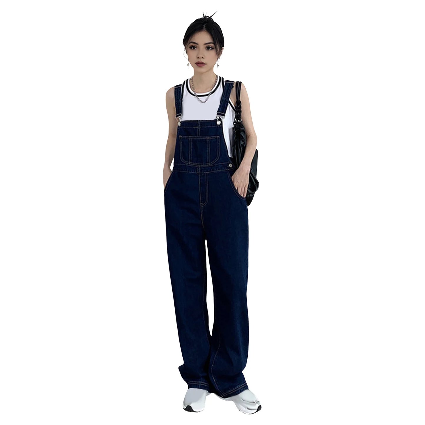 Denim Jumpsuit Summer Women Vintage Preppy Style Pockets Loose Fit High Waist Wide Leg Overalls Streetwear Straight Jeans Dark Blue