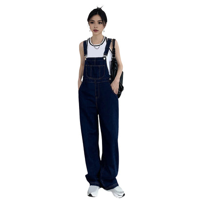 Denim Jumpsuit Summer Women Vintage Preppy Style Pockets Loose Fit High Waist Wide Leg Overalls Streetwear Straight Jeans Dark Blue