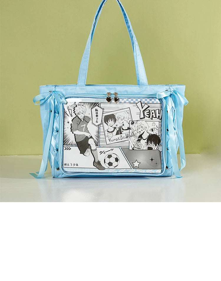 Japanese Large Capacity Satin Ribbon Ita Bag Sweet Girl Anime Transparent Tote Bag Lolita Shoulder Bags Clear Pvc Handbags