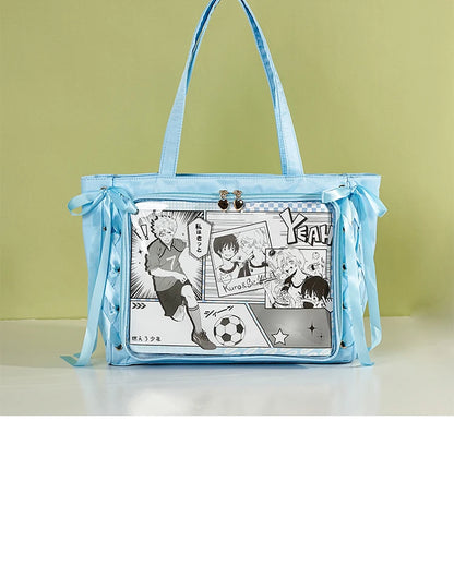 Japanese Large Capacity Satin Ribbon Ita Bag Sweet Girl Anime Transparent Tote Bag Lolita Shoulder Bags Clear Pvc Handbags