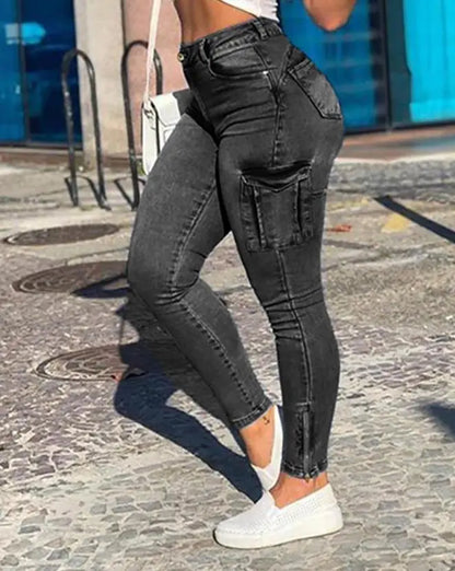 Women's Denim Pants 2025 Summer New Fashion Solid Color Buttoned Pocket Zipper Design High Waist Casual Daily Skinny Jeans A