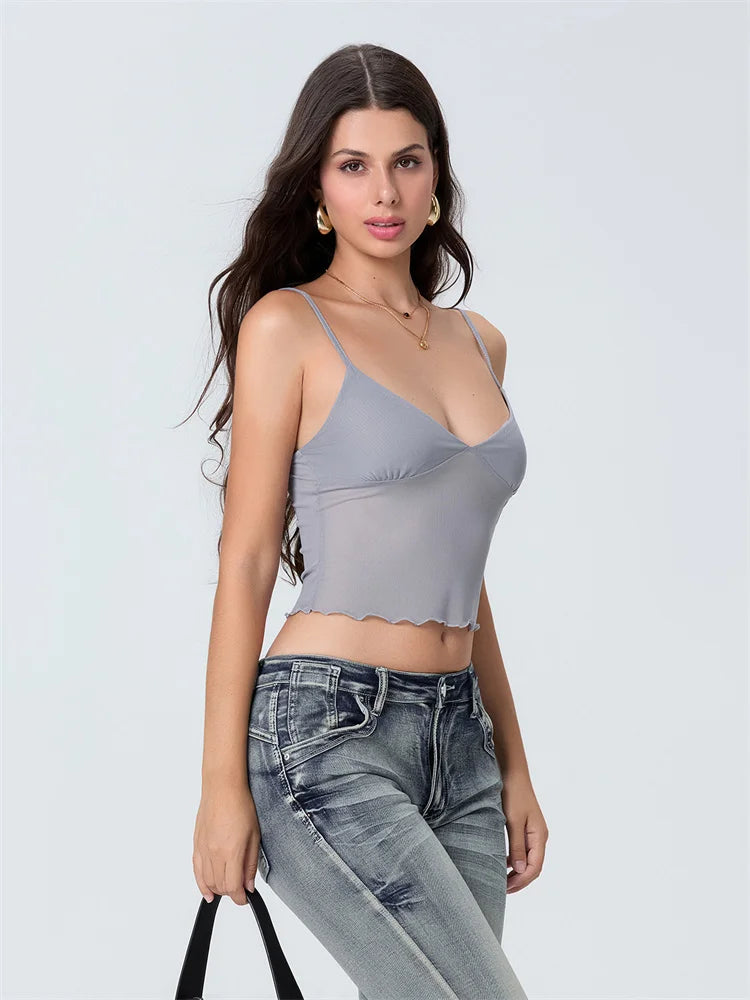Women Camisole Tops Spaghetti Straps Tulle Patchwork Slim Fit Tank Tops Party Club Sexy Vinateg Corset Cropped Top Summer