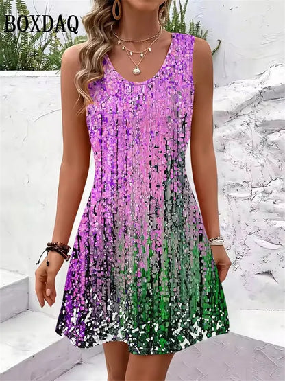 New Women Summer Sleeveless Bohemian Dress Sundress Loose Print Vacation Dress for Casual Beach Dress For Women Fashion Clothing HWX427 CHINA