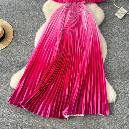 SINGREINY 2025 Gradient Party Long Dress Female Off Shoulder Elastic Waist A Line Sundress Vacation Luxury Pleated Maxi Dresses
