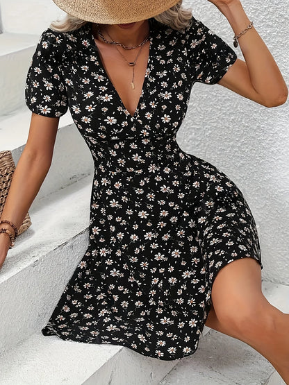 New Summer Women's Elegant Floral Printed Dress Casual Vacation Sweet V Neck Puff Sleeve Dresses