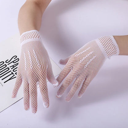 Girls Lolita Lace Hollow Out Gloves Women Ceremony Etiquette Mesh Thin Mittens Gothic Punk Sexy Glove Black White Soft Elastic Style 01 White One Size