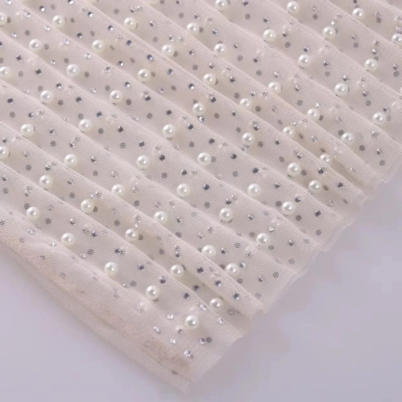 Spring and Summer New Hot Diamond Pearl Top Elastic Crew Neck Mesh Thin Heavy Industry Transparent Women Clothes