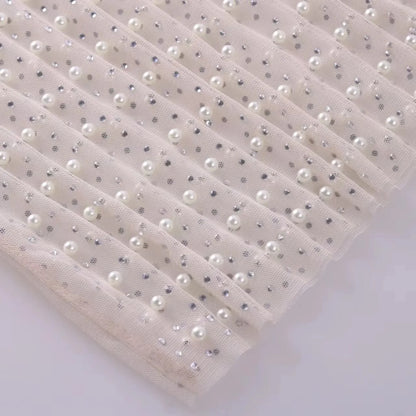 Spring and Summer New Hot Diamond Pearl Top Elastic Crew Neck Mesh Thin Heavy Industry Transparent Women Clothes