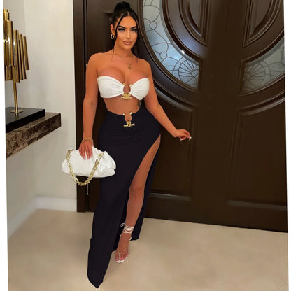 New Chic Gold Ring Bandeau Slit Skirt Two-Piece Set Womens Beautiful Off Shoulder Matching Skirt Set Nightclub Outfits Badiee Stylez