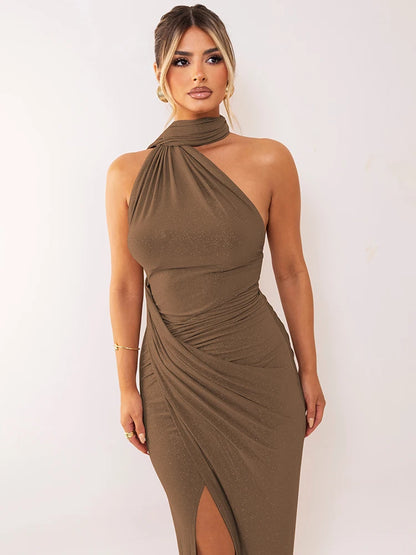 Mozision Halter Off-shoulder Sexy Maxi Dress Women Fashion Sleeveless Backless Ruched Split Club Party Bodycon Long Dresses