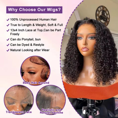 Deep Curly Bob Wigs Natural Color 180% Density 13x4 Lace Frontal Wigs Peruvian Remy Human Hair 4x4 Closure Short Bob Wigs Curly