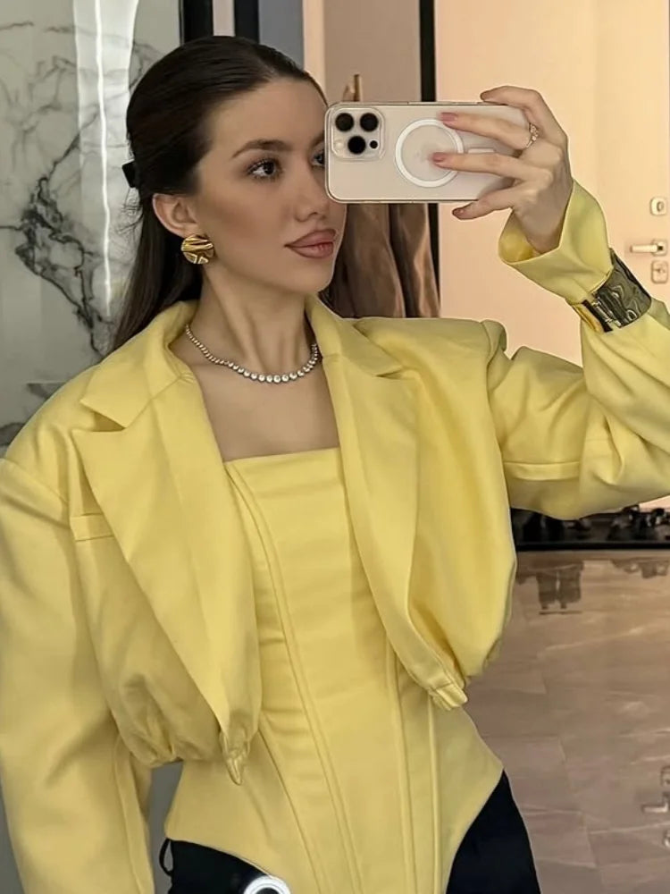 Two Piece Set Fishbone Strapless Vest Top Suit Short Jacket Solid Color Slim Fit Fashion Women Tank Blouse Waist Cinched Coat