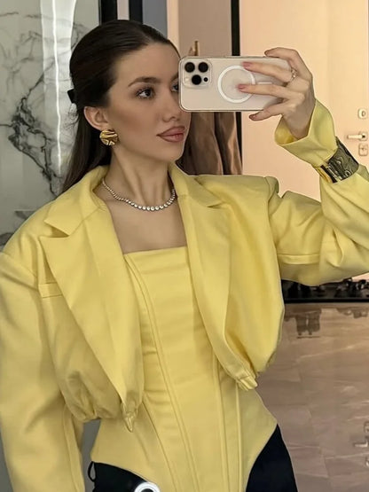 Two Piece Set Fishbone Strapless Vest Top Suit Short Jacket Solid Color Slim Fit Fashion Women Tank Blouse Waist Cinched Coat