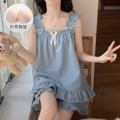 Two-piece Summer Solid Color Suspender Suit Pajamas for Women Sweet with Chest Pad Pajamas Vests Home Clothes 여자 잠옷 D