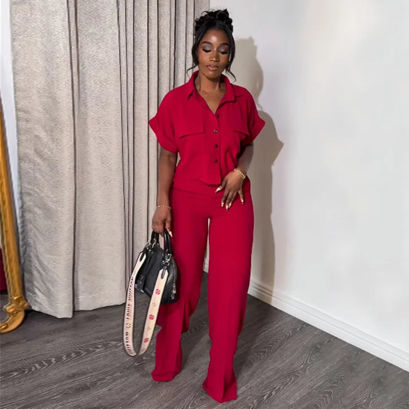 Women's Two-piece Set Spring Summer New Style Lapel Short-sleeved Shirt High Waist Wide Leg Trousers Casual Suit Women Clothing