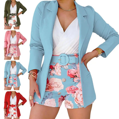 2 Pcs/Set Women Coat Shorts Set Solid Color Long Sleeves Female Outfit Set Flower Print Turn-down Collar Lady Top Shorts Suit