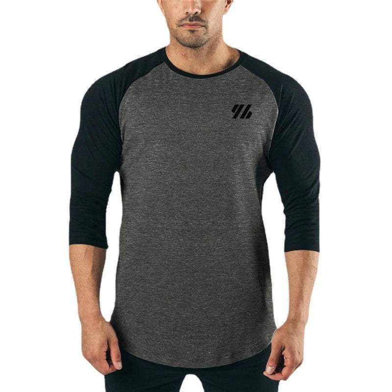 Men's Three Quarter Sleeves Cotton Slim Fit Shirts Fashion Color Contrast Sportswear Gym Bodybuilding Fitness Workout T-Shirts