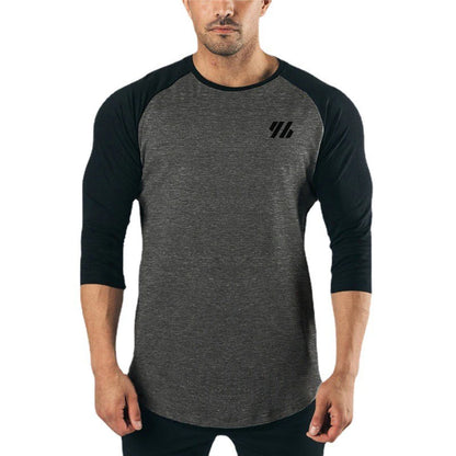 Men's Three Quarter Sleeves Cotton Slim Fit Shirts Fashion Color Contrast Sportswear Gym Bodybuilding Fitness Workout T-Shirts