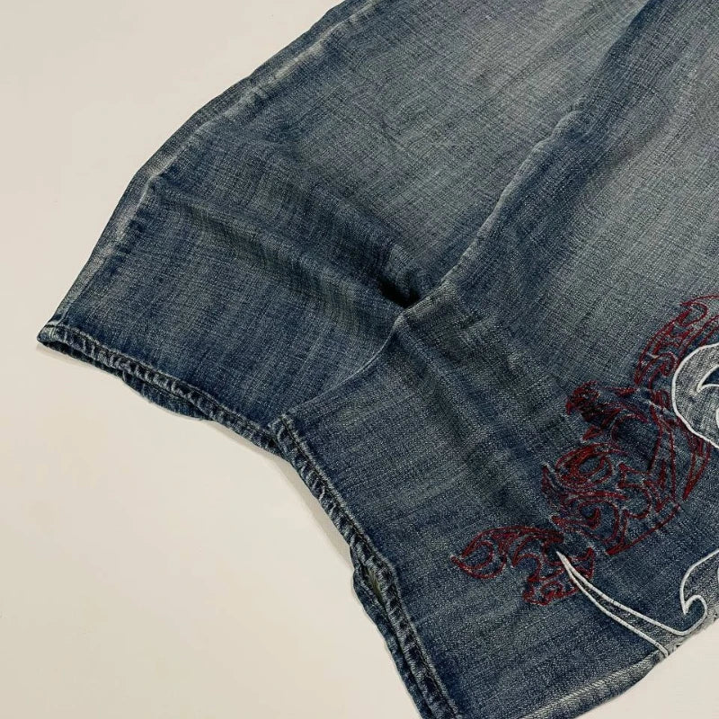 Street Fashion Y2K Asymmetrical Oversized Pattern High Waist Baggy Women Jean Vintage Harajuku Streetwear Straight Wide-leg Jean