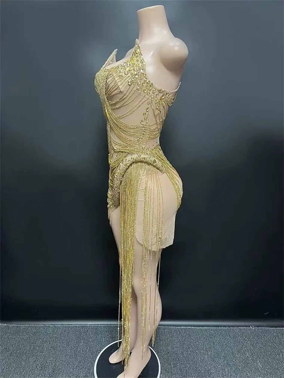 STOCK Sparkly Rhinestone Fringe Dress Women Sexy Birthday Wedding Party Prom Drag Queen Costume Outfit Stage Wear Festival