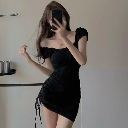 Women Dress Korean Summer Solid Color Slash Neck Drawstring Slim Sexy Short Sleeve Dresses Badiee Stylez