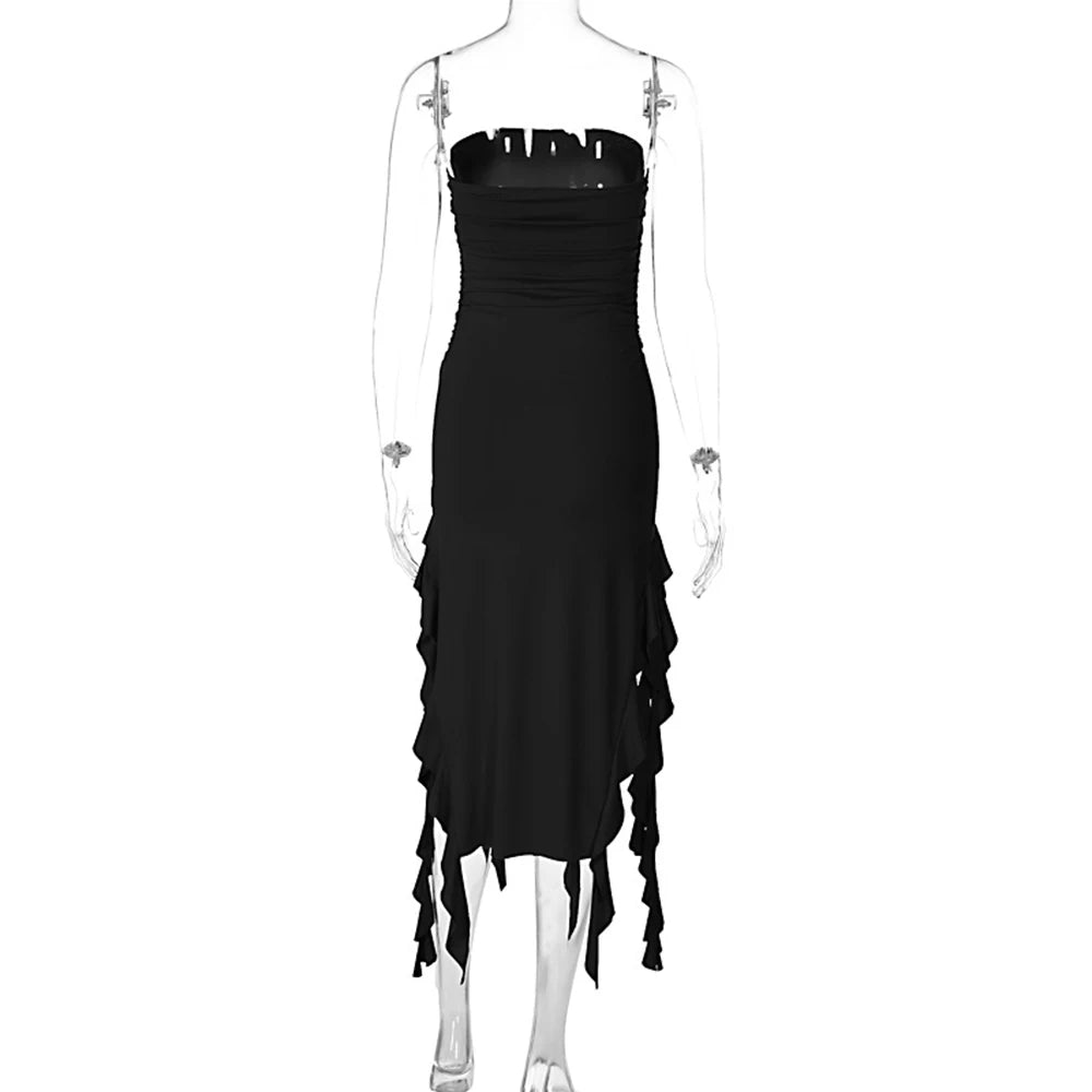 WonMiracle Elegant Strapless Dress Women Irregular Tassel 2024 Summer Trend Skinny Split Maxi Bodycon Party Dress For Women