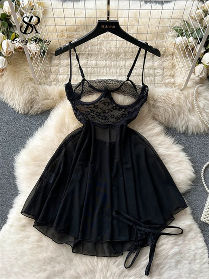 SINGREINY Transparent Lace Sexy Nightwear Sleeveless Slim Backless Short Dress Women Strap Floral Mesh Sheer Erotic Nightdress Black One Size
