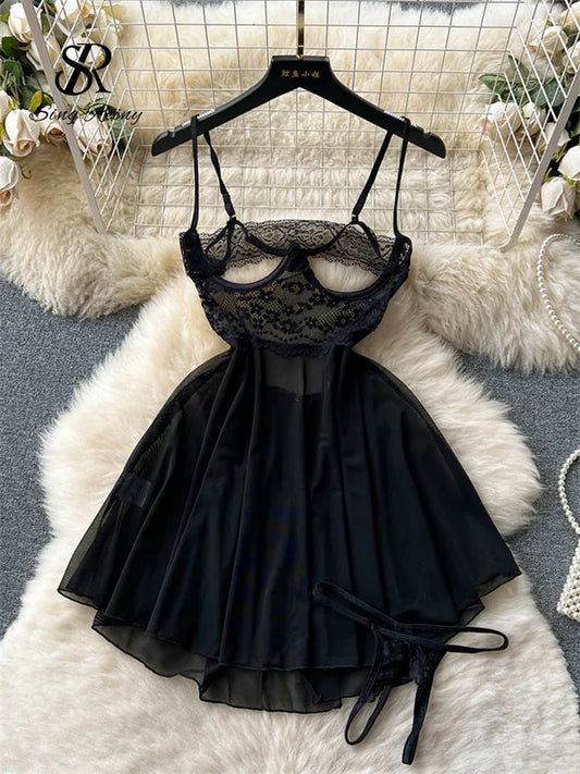 SINGREINY Transparent Lace Sexy Nightwear Sleeveless Slim Backless Short Dress Women Strap Floral Mesh Sheer Erotic Nightdress Black One Size