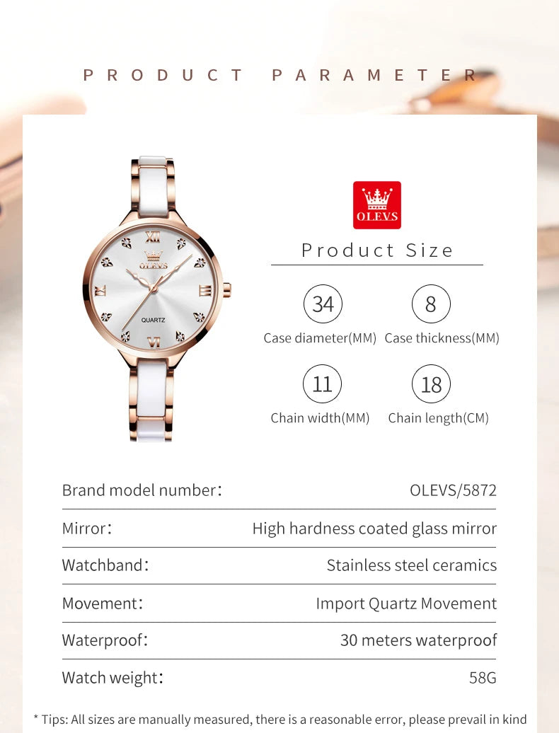 OLEVS 5872 Women Watch Elegant Luxury Original Quartz Watch Waterproof Luminous Ceramic Strap Watches For Women Bracelet Set