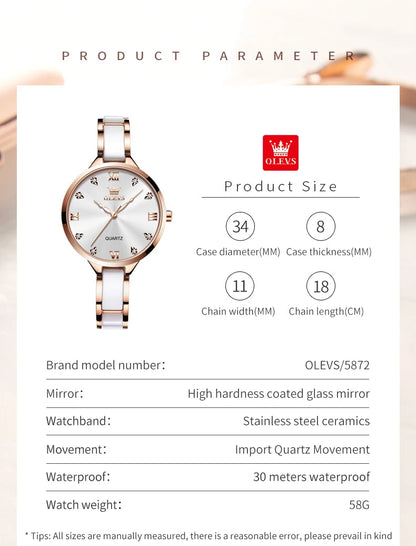 OLEVS 5872 Women Watch Elegant Luxury Original Quartz Watch Waterproof Luminous Ceramic Strap Watches For Women Bracelet Set