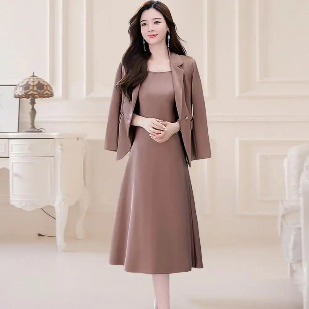 2Pcs/Set Summer Women Suit Dress Outfit Solid Color Mid-length Lady Dress Sets Light Luxury Commute Sling Dress Coat Set