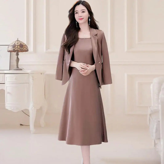 2Pcs/Set Summer Women Suit Dress Outfit Solid Color Mid-length Lady Dress Sets Light Luxury Commute Sling Dress Coat Set