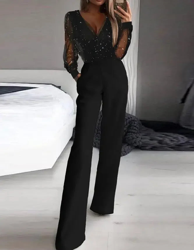 Elegant Jumpsuit Women Spring Fashion Glitter Print Sexy V-Neck Long Sleeve Casual Contrast Mesh Pocket Straight Leg Jumpsuit Badiee Stylez
